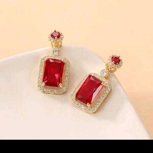 New 14k Gold Plated Red Gemstone Cubic Zirconia Drop Earrings